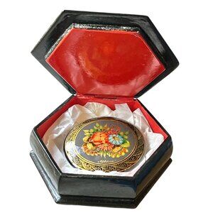 Signed Hand Painted Russian Palekh Brooch & Hexagonal Lacquer Box Gift Floral